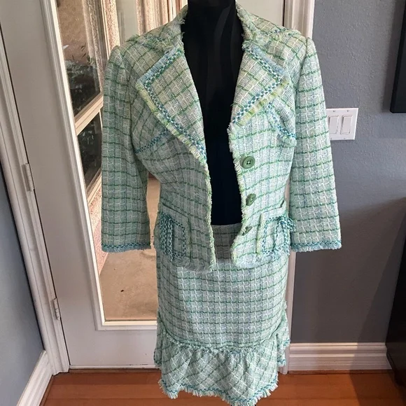 Kay Unger Y2K Preppy Tweed Plaid Skirt Suit Country Club Romantic Green White 10 - Picture 3 of 16